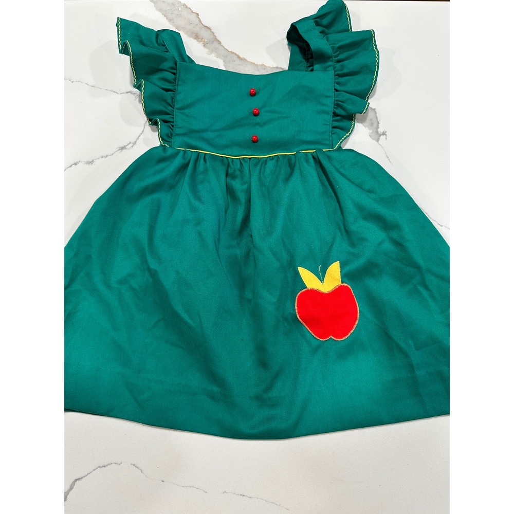 Vintage Nannette Girls Green Apple Pinafore Dress Ruffle Straps Size 5